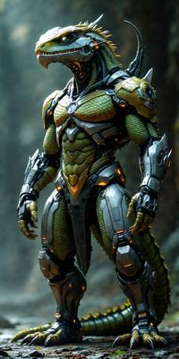 The primary subject of the image is a robotic, green, scaly creature with a metallic appearance. The robot is standing in a setting that includes a rock wall and a tree in the background. The visual style of the image is digital art, with the robot being the main focus of the scene. The colors and mood of the image are predominantly green and metallic, giving the robot a futuristic and powerful appearance.